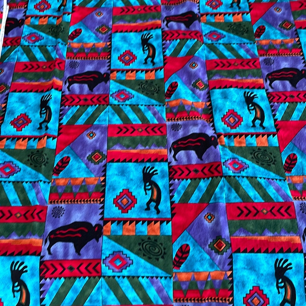Fabric, 2.5 yards cotton, buffalo, hopi, feather motif, blues & purples 40 x 90